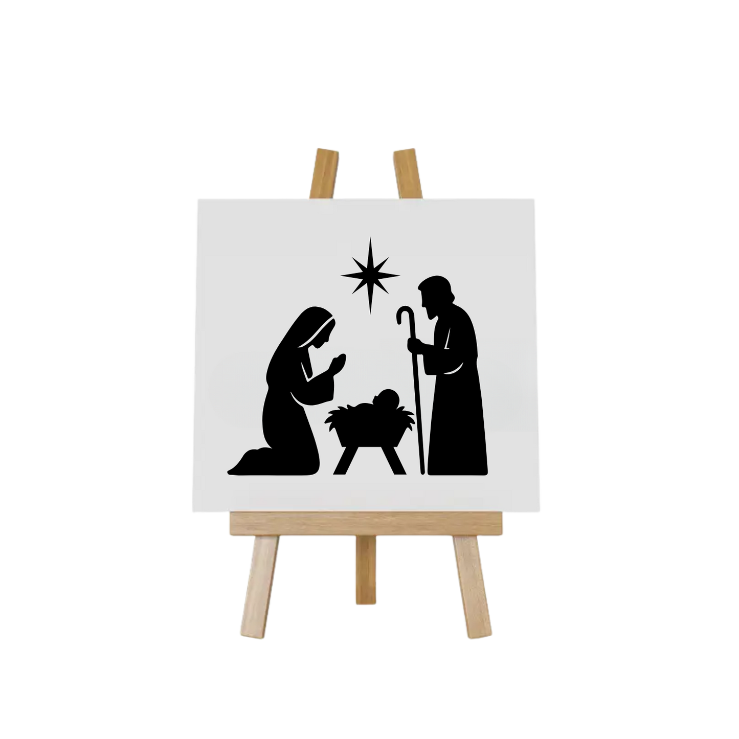 Modern minimalistisch kerst tegeltje met illustratie van Jozef en Maria in zwart-wit handgemaakt door Handmade by J.