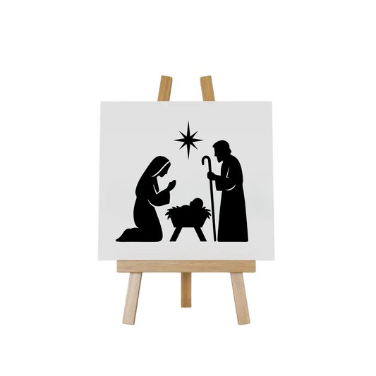 Modern minimalistisch kerst tegeltje met illustratie van Jozef en Maria in zwart-wit handgemaakt door Handmade by J.