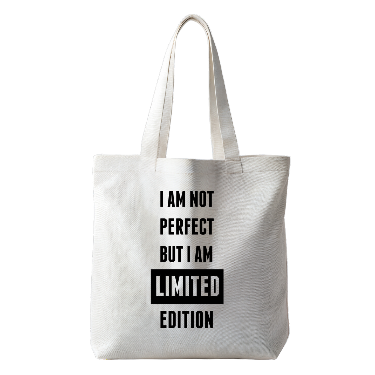 “Tote bag met tekst ‘I'm not perfect but I am a limited edition’ – Duurzame tas "Handmade by J.