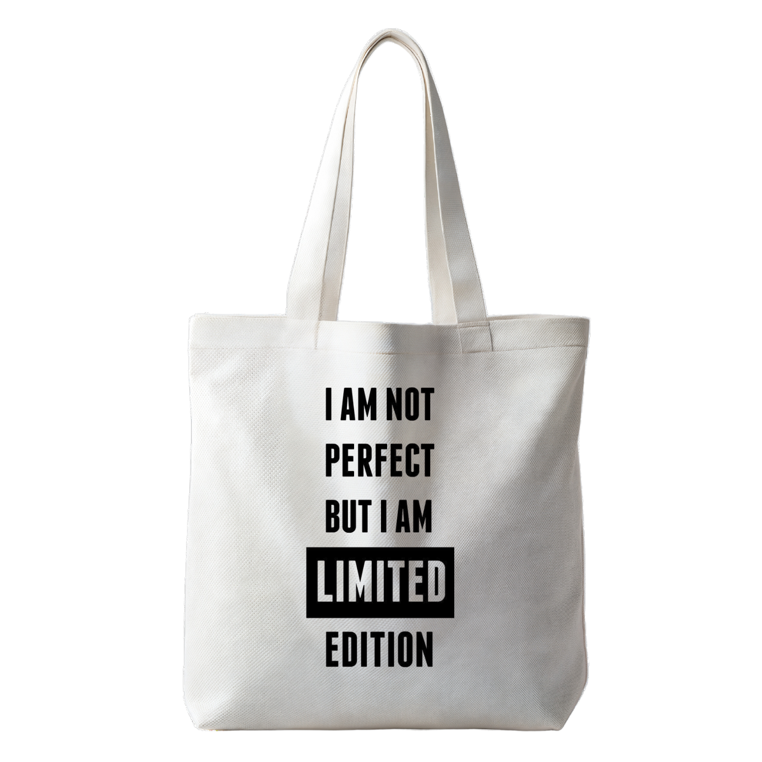 “Tote bag met tekst ‘I'm not perfect but I am a limited edition’ – Duurzame tas "Handmade by J.