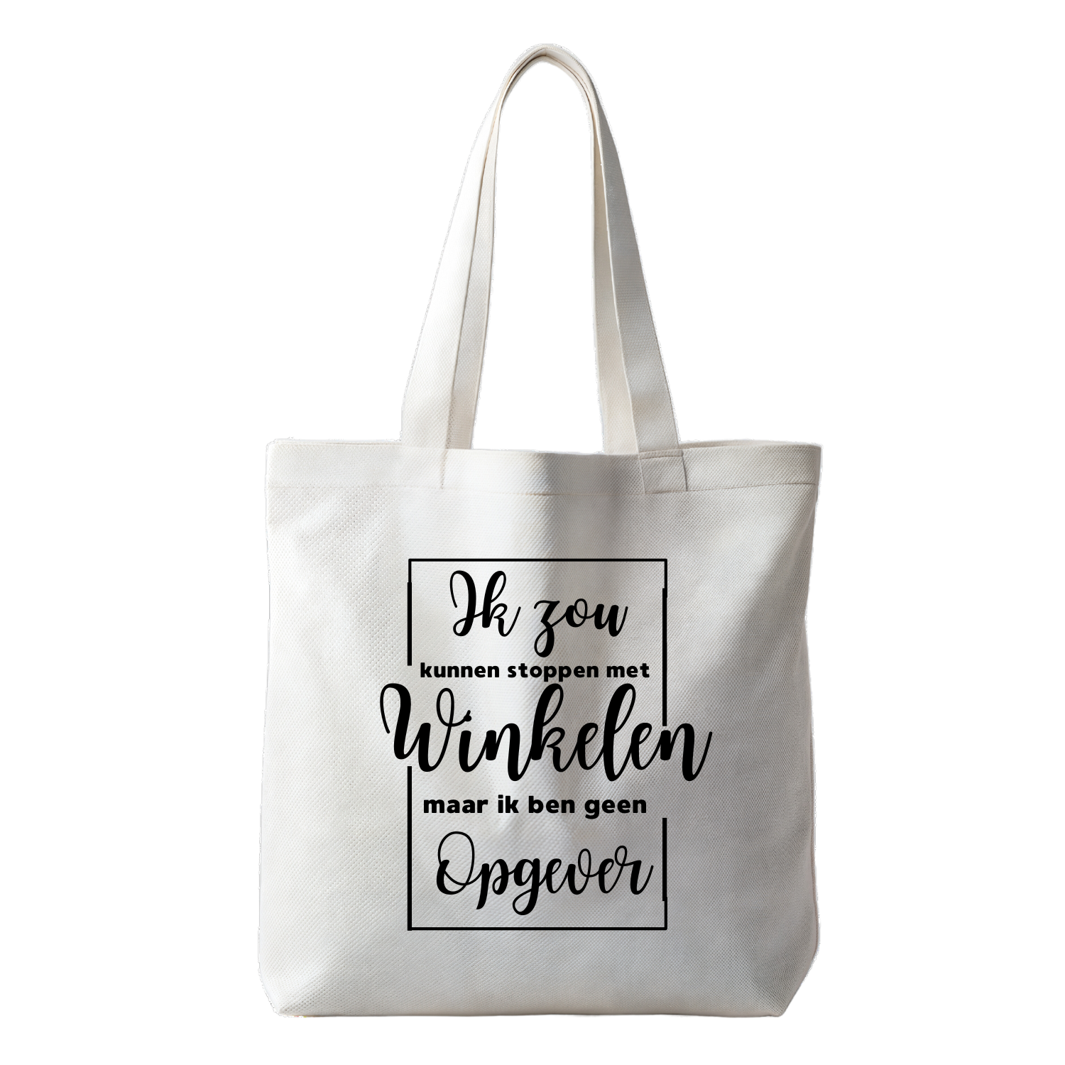 “Tote bag met tekst ‘Ik zou kunnen stoppen met winkelen maar ik ben geen opgever’ – Duurzame tas "Handmade by J.