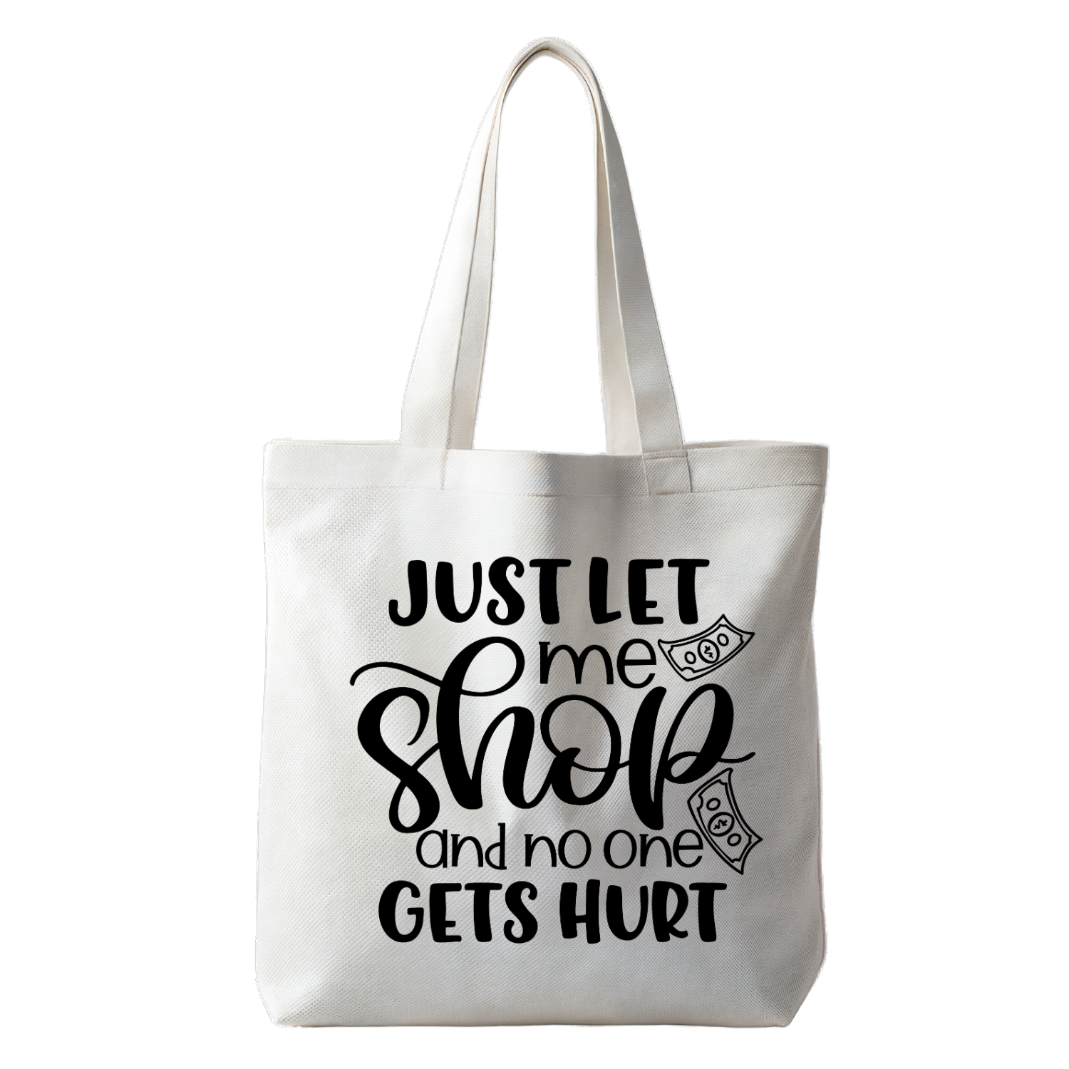 “Tote bag met tekst ‘Just let me shop and no one gets hurt’ – Duurzame tas "Handmade by J.