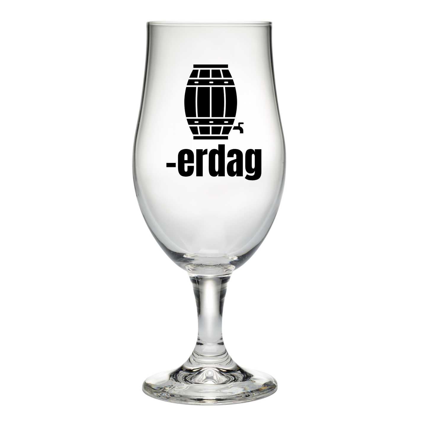 Bierglas met een afbeelding van een biervat met een tekstregel -erdag erbij