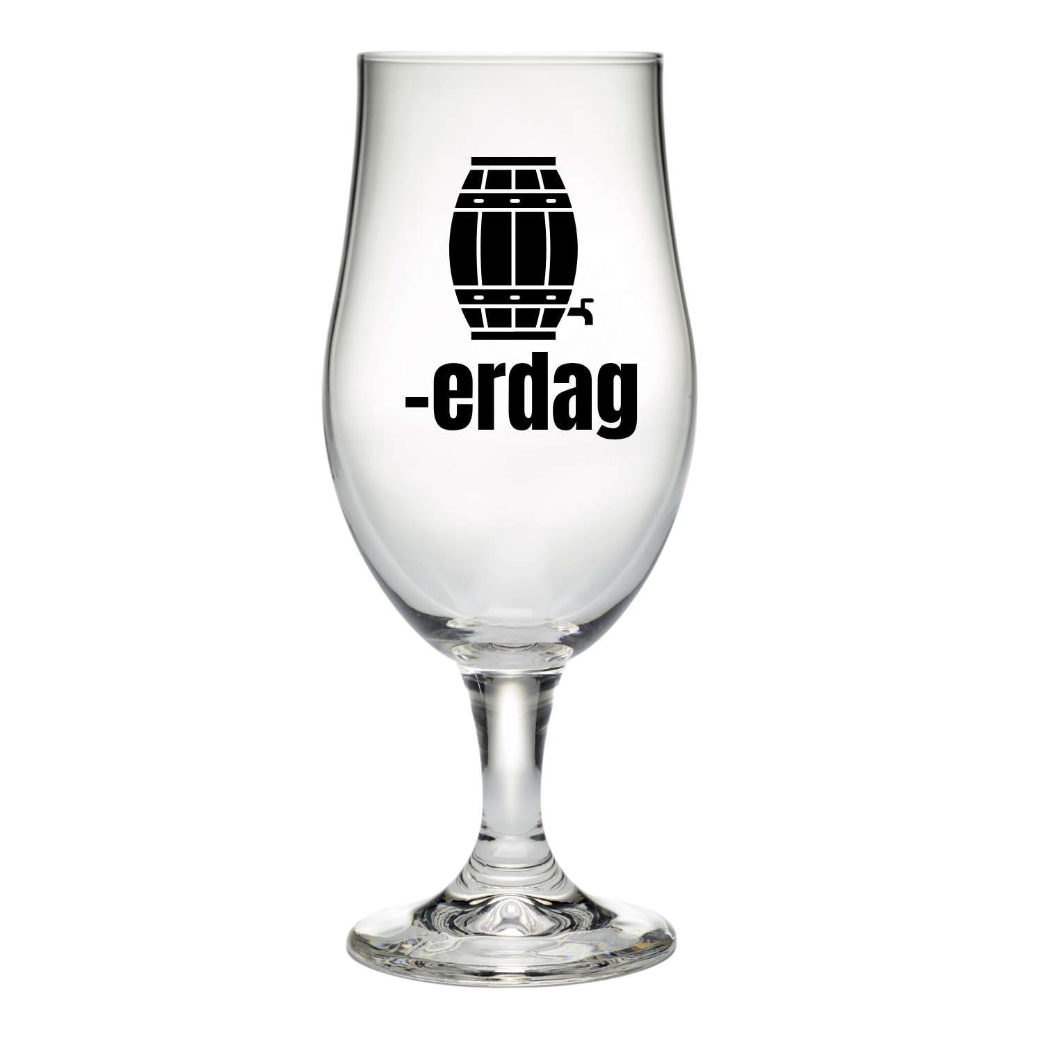 Bierglas met een afbeelding van een biervat met een tekstregel -erdag erbij