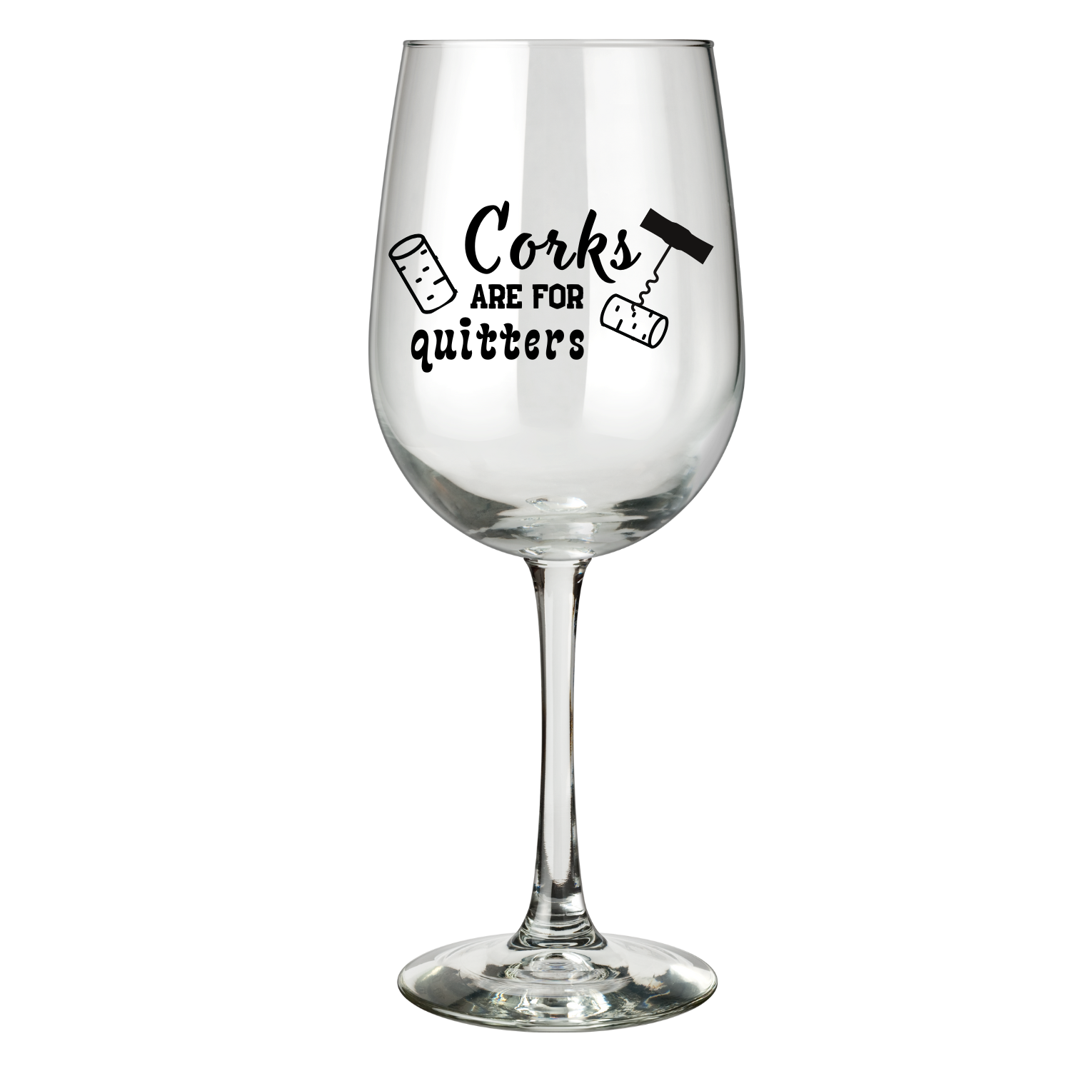 “Wijnglas met tekst ‘Corks are for quitters’ – Handmade by J” Origineel cadeau