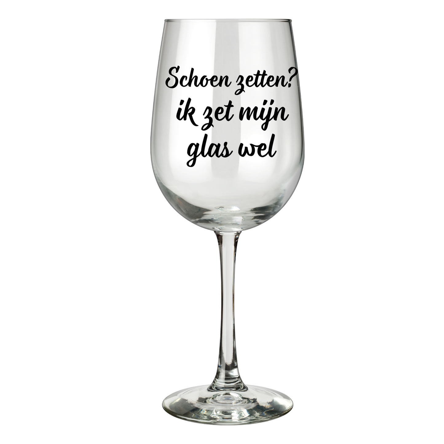 “Wijnglas met tekst ‘Schoen zetten? Ik zet mijn glas wel’ – Handmade by J” Sinterklaas kado