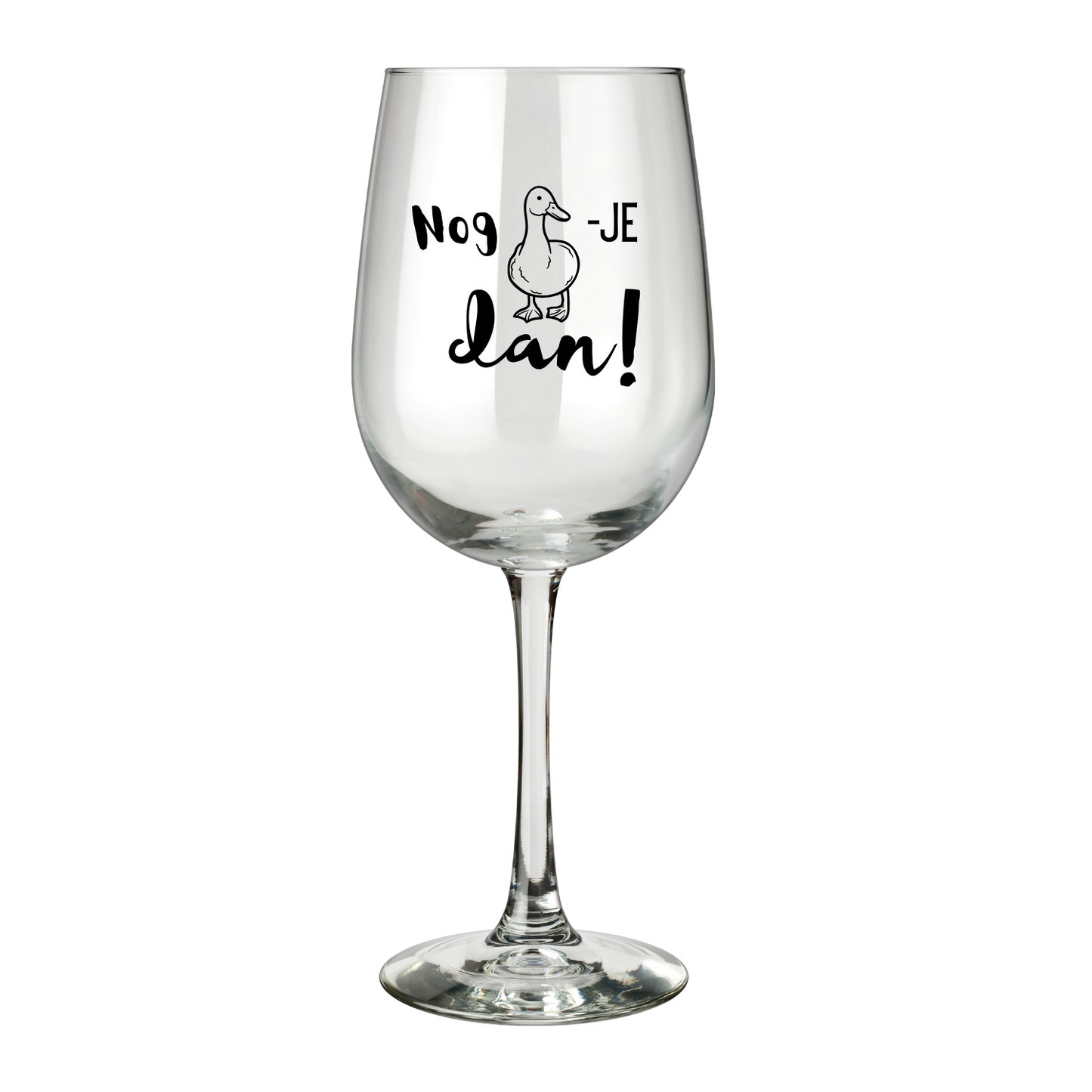 “Wijnglas met tekst ‘Nog eendje dan’ – Handmade by J” Origineel cadeau