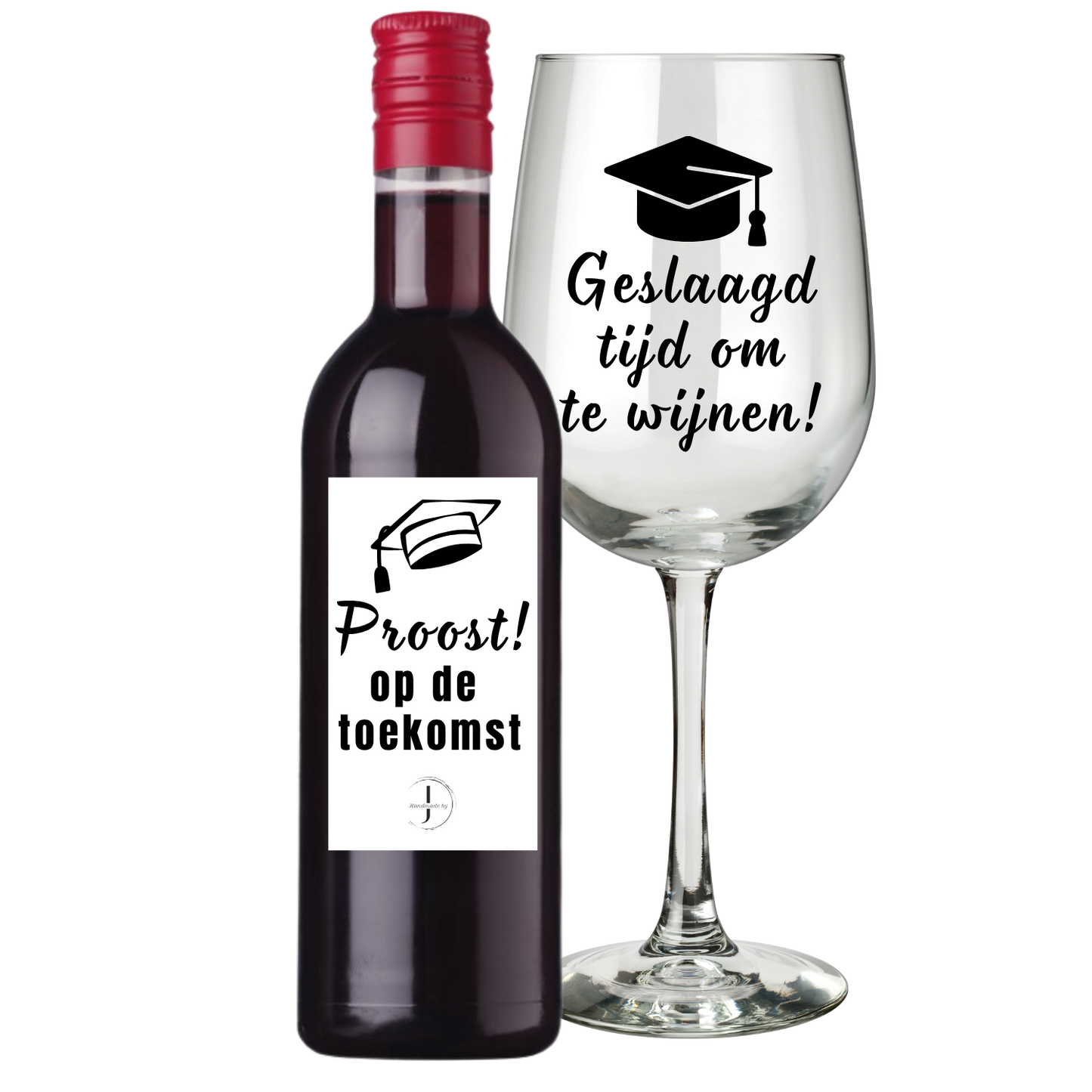 Wijnsetje Geslaagd rood met de tekst Geslaagd tijd om te wijnen! – Handmade by J