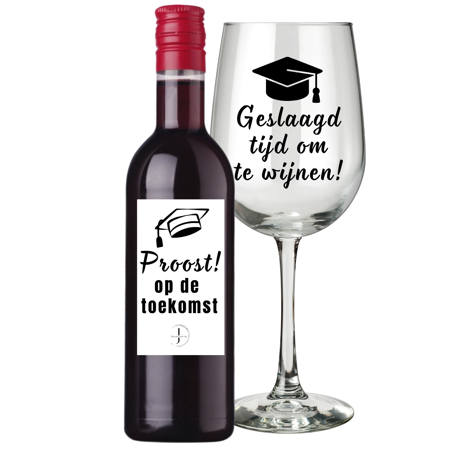 Wijnsetje Geslaagd rood met de tekst Geslaagd tijd om te wijnen! – Handmade by J