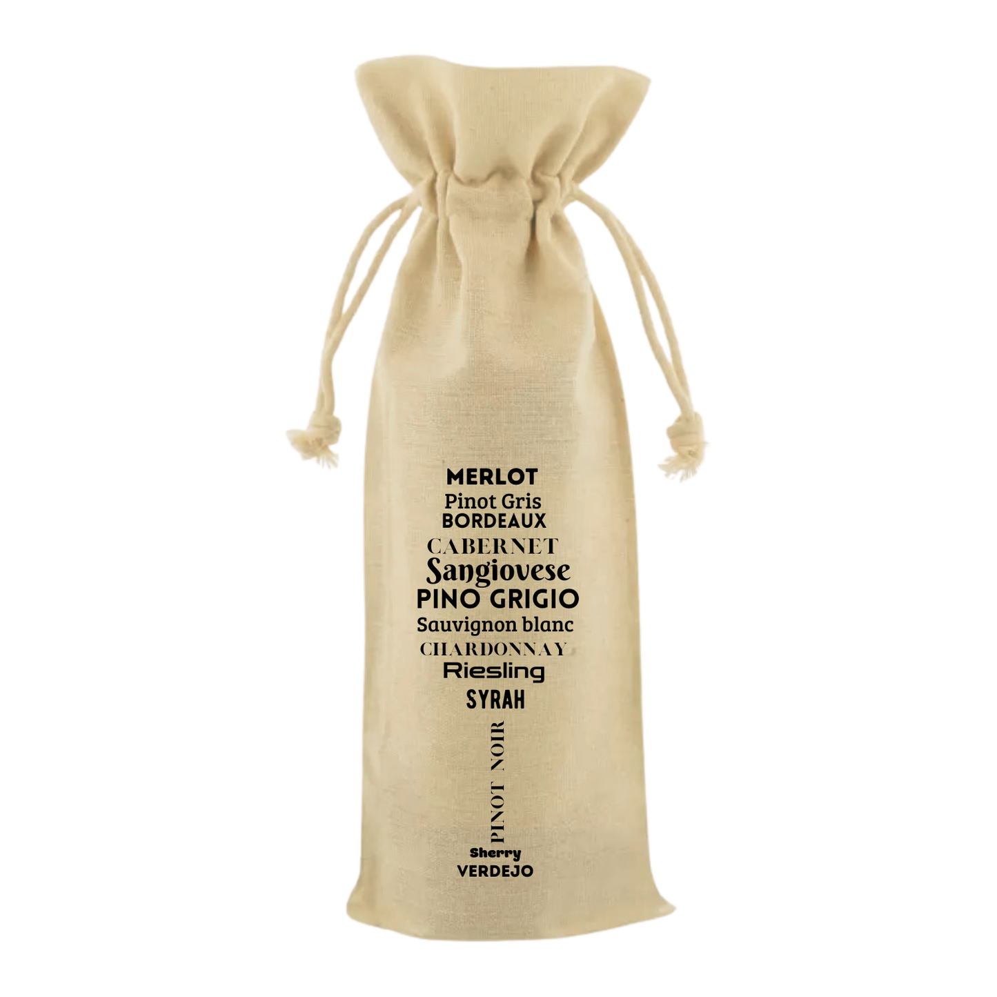 “Wijntas met tekst ‘Wijnsoorten in de vorm van een wijnglas’ – Handmade by J”