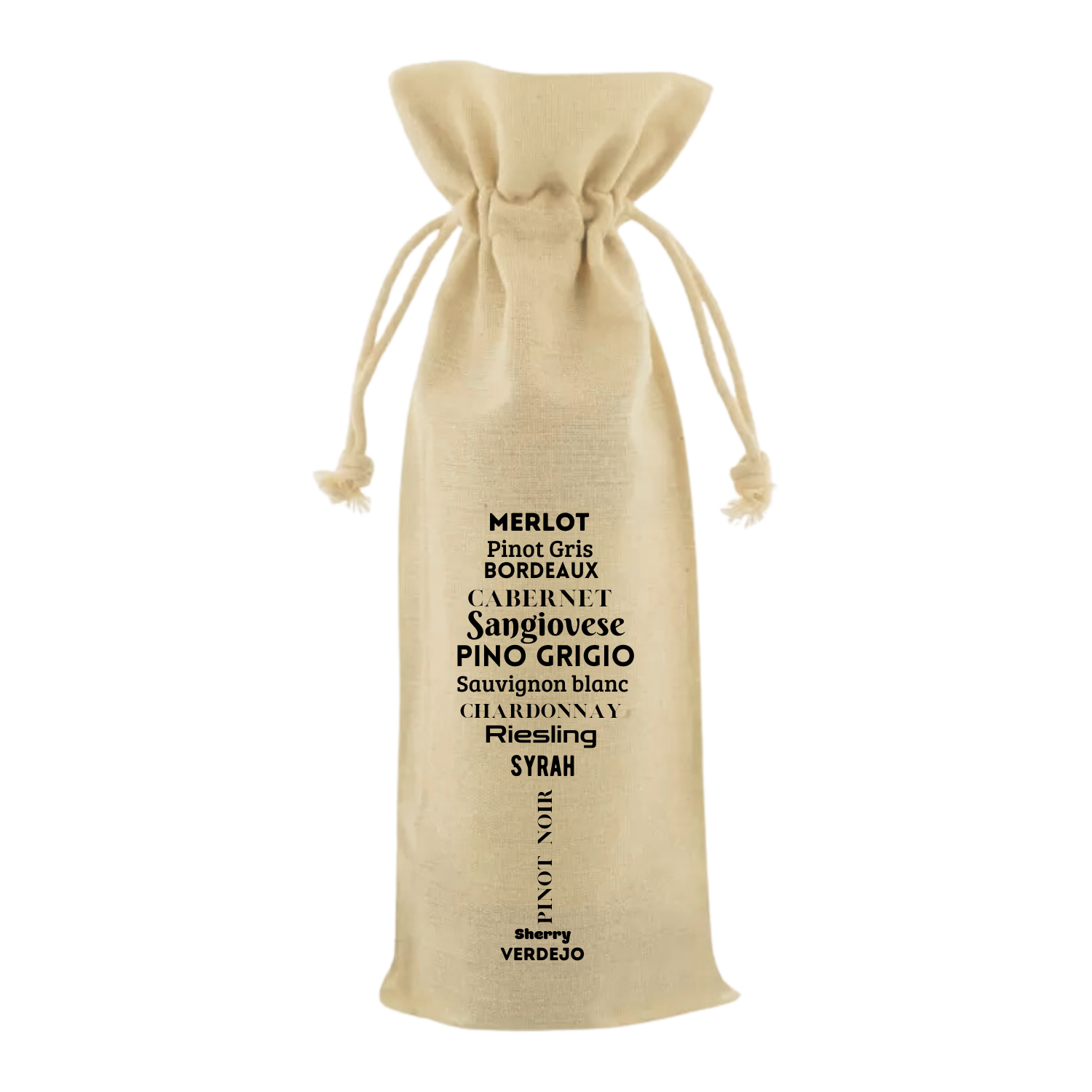 “Wijntas met tekst ‘Wijnsoorten in de vorm van een wijnglas’ – Handmade by J”