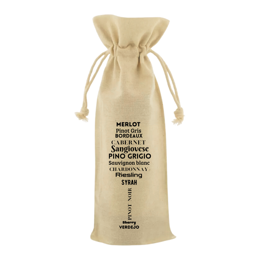 “Wijntas met tekst ‘Wijnsoorten in de vorm van een wijnglas’ – Handmade by J”