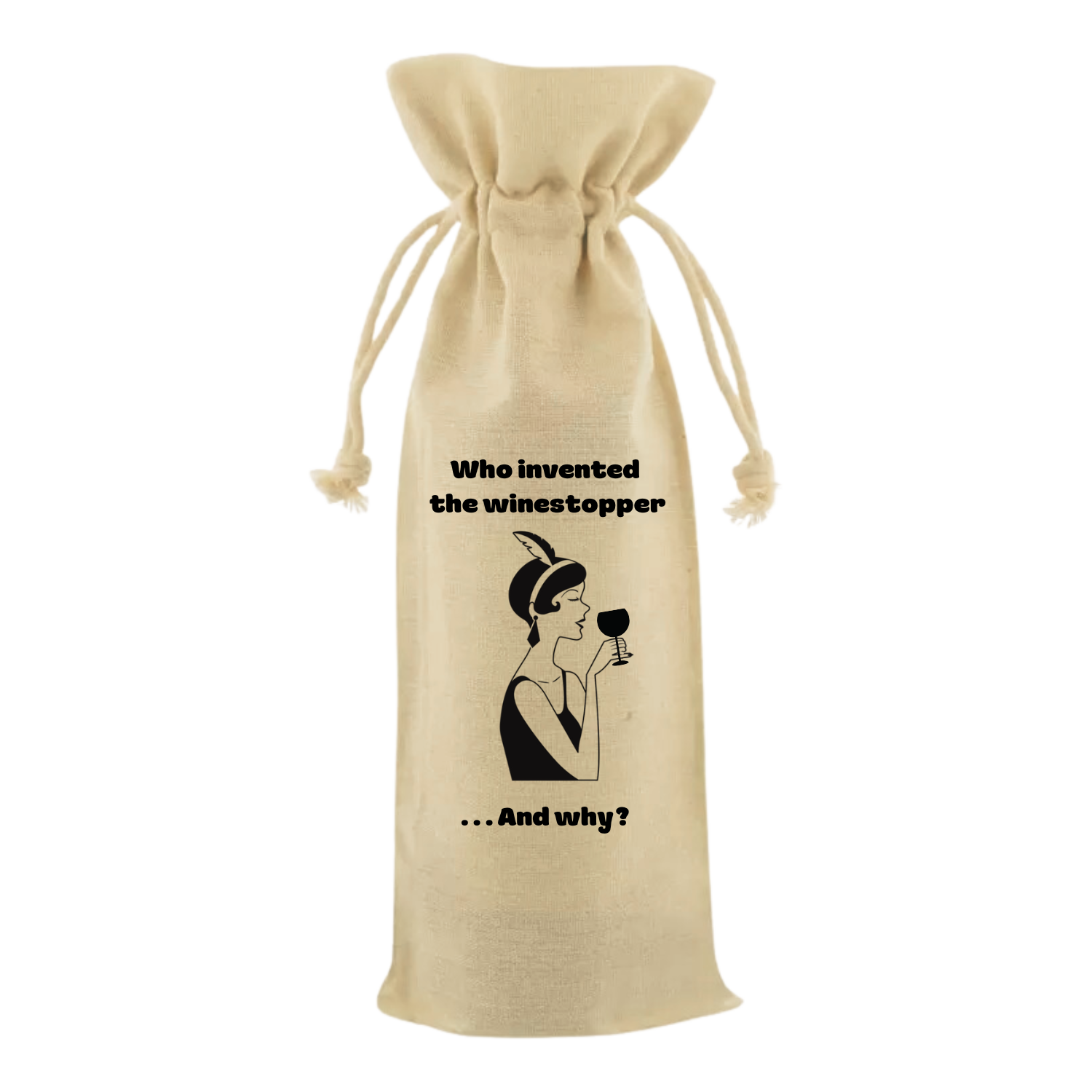 “Wijntas met tekst ‘Who invented the winestopper and why?’ – Handmade by J”