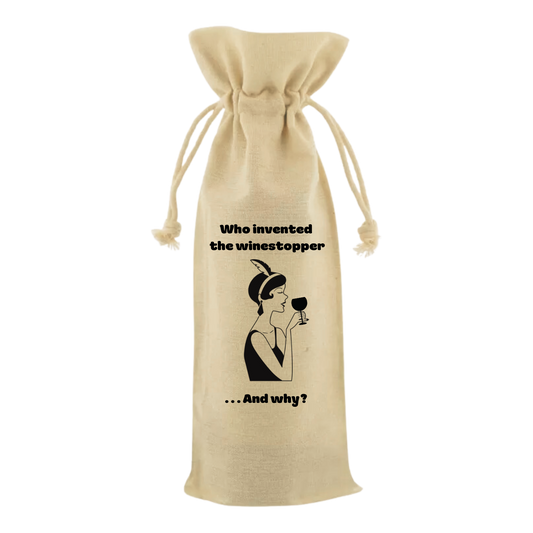 “Wijntas met tekst ‘Who invented the winestopper and why?’ – Handmade by J”