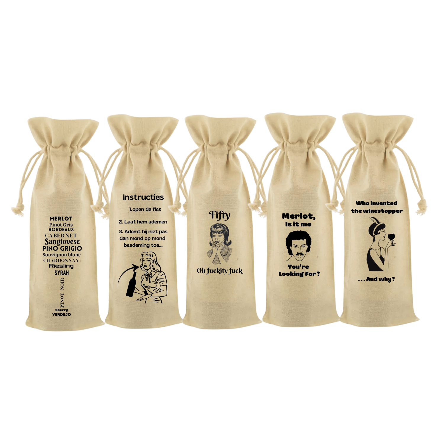 Wijntassen met grappige opdruk – originele flestas van Handmade by J.
