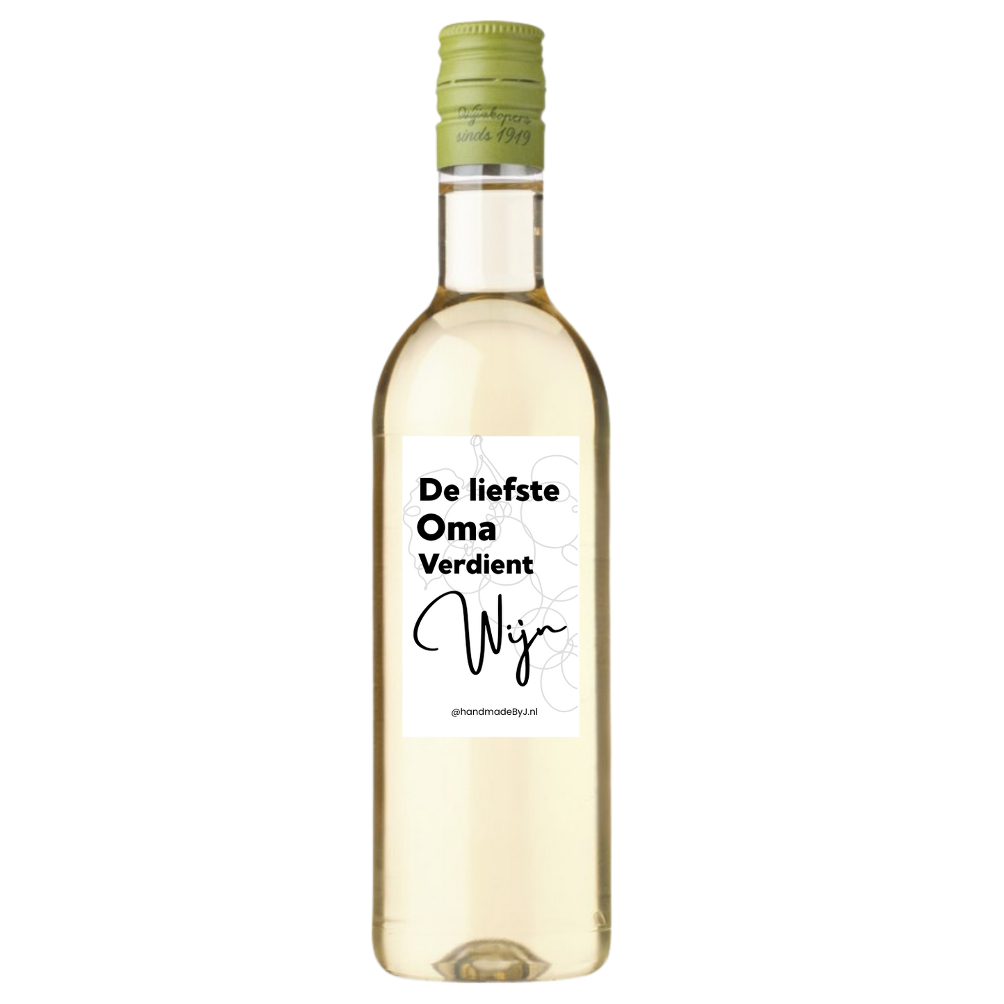 Witte wijn met tekst; "De liefste oma verdient wijn".
