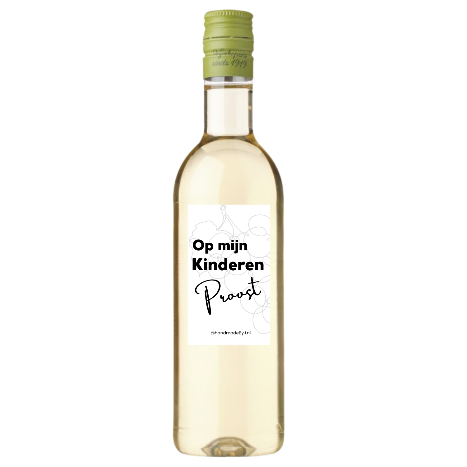 Witte wijn met tekst; "Op mijn kinderen, Proost!".