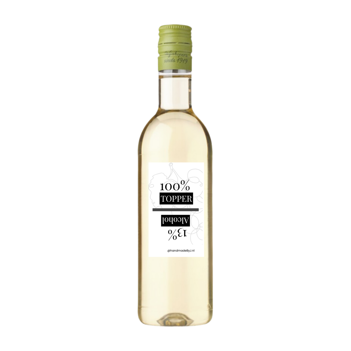 Flesje witte wijn met de tekst; 100% Topper 13% alcohol