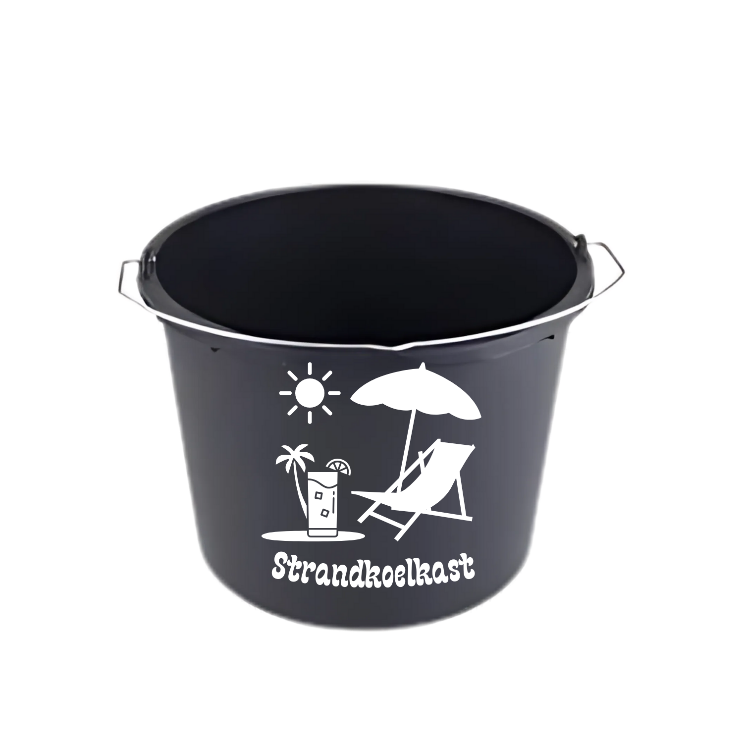 cadeau emmer met tekst ‘Strandkoelkast’ – Handmade by J”