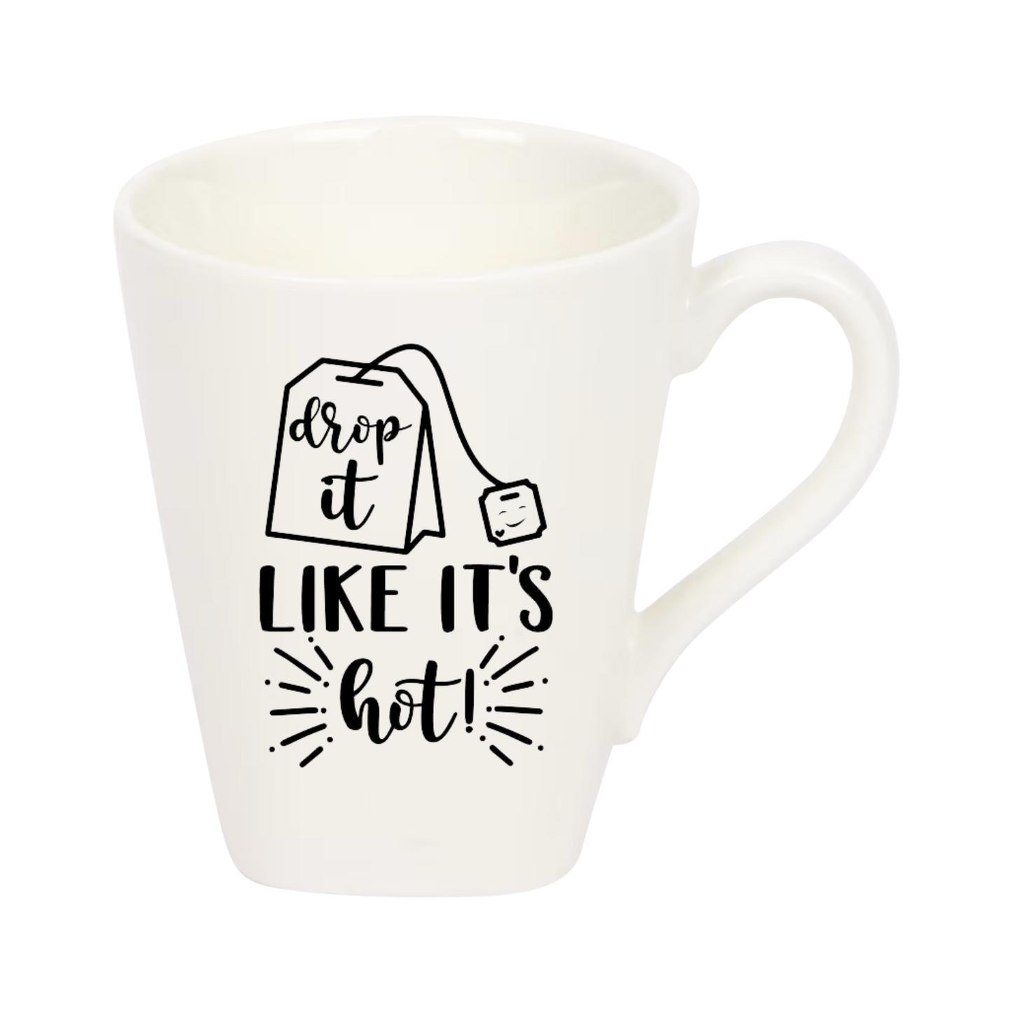 “Witte theemok met grappige tekst ‘Drop it like it's hot’ – Handmade by J”