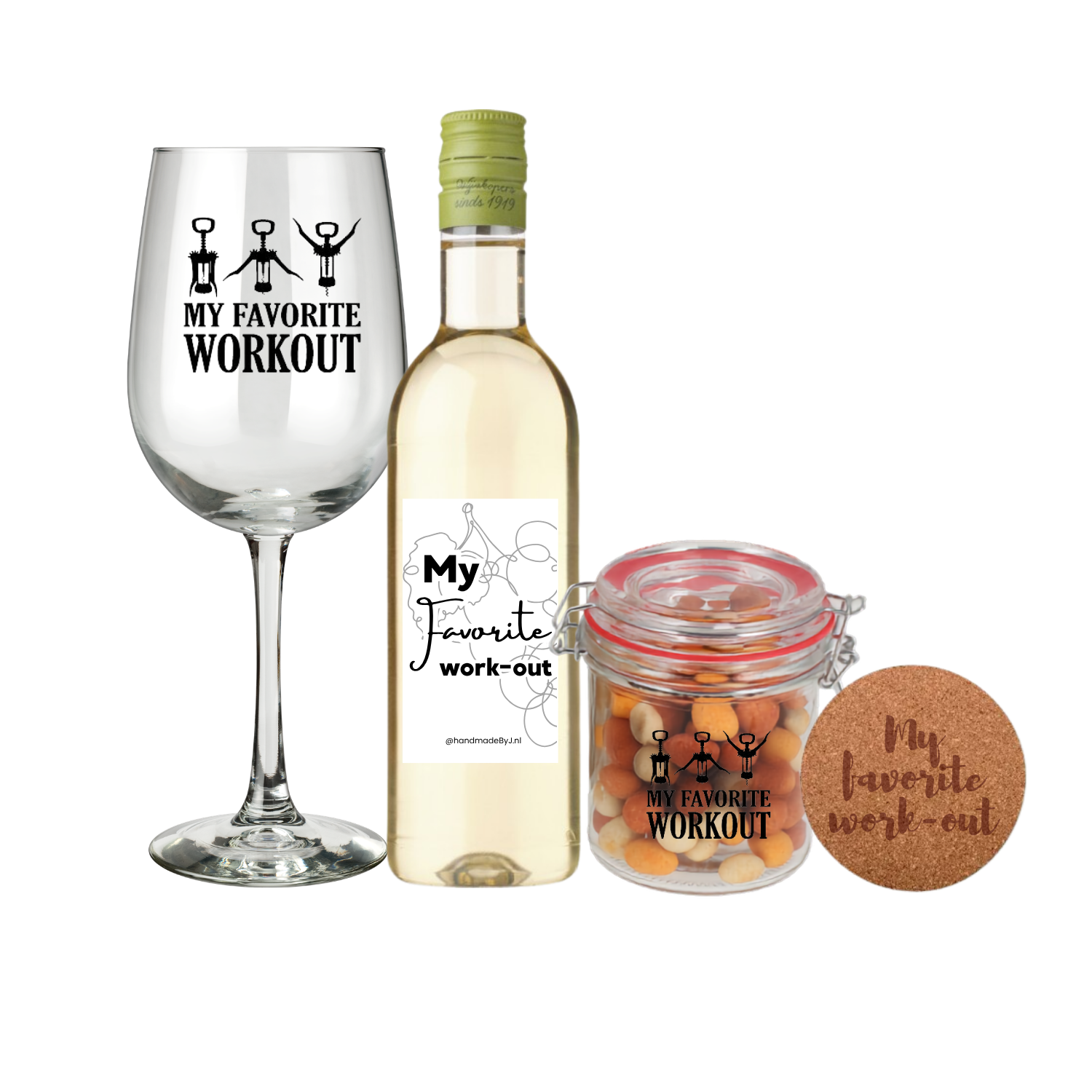 Wijn cadeau pakket met de tekst My favorite work-out